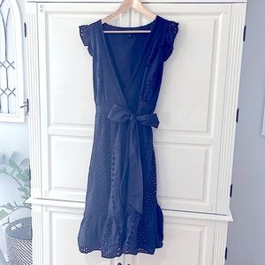 Navy J Crew dress, with lace and bow detailing in the front
